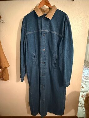 Vintage Levi's Long Blue Denim Trench Coat with Tan Corduroy Collar